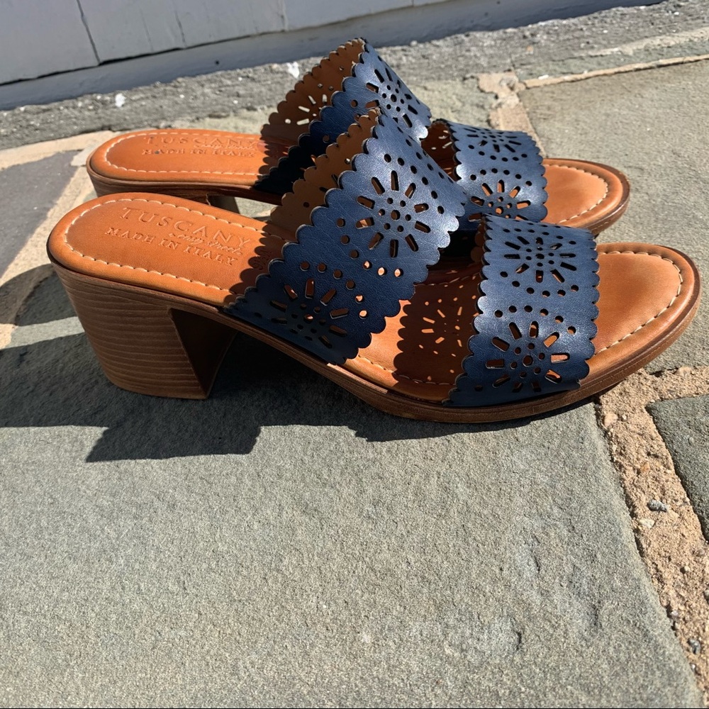 navy blue floral cutout heeled sandals